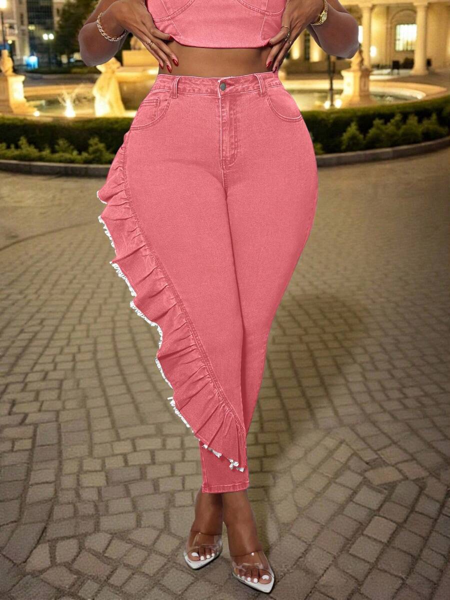 Slaydiva Pantalones pitillo de talla grande para mujer con volantes en el bajo - Rosa - Ver 1