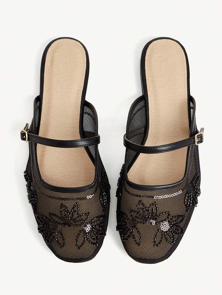 CUCCOO HITCHD Women's Square Toe Lace Splicing Rose Decoration Casual Outdoor Breathable Hollow Flats, Versatile Loafers, Ballet Flats, Mary Jane Shoes