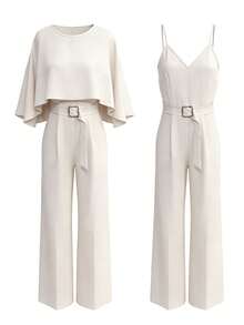 Rafferiza 女士夏季法式优雅翻领披肩及吊带胸衣金属扣腰带修身长款连体裤，休闲杏色两件套 - 杏色 - 查看 4