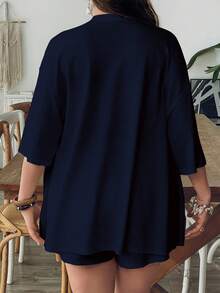 SHEIN VCAY Casual Minimalist Vintage Leaf Pattern Loose Plus Size 2 Pieces Set, Suitable For Summer - Navy Blue - View 2