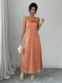 Selianne 优雅露背3D花卉装饰缎面收腰连衣裙长款女装 - 三文魚色 - 查看 5