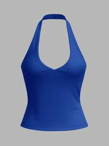 SHEIN BASICS Casual Solid Color Knit Halter Neck Top For Women/Summer Fitted Top For Women Tanktop Body Tops For Ladies Halter Tops For Women - Royal Blue - View 6