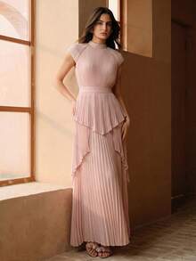 Anewsta Đầm maxi dài, tay ngắn, thắt eo, xếp ly, thanh lịch, kèm dây thắt lưng màu hồng, dành cho nữ. - Hồng - Xem 4