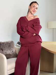 Abrilcols 2pcs/Set Women's Burgundy V-Neck Oversized Fluffy Fleece Elastic Loose Sweatshirt And Sweatpants, Casual Autumn/Winter Christmas - Red Violet - View 3