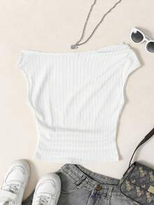 SHEIN Teen Girl Splice Casual Asymmetric Shoulder Textured Fabric Camisole - White - View 2