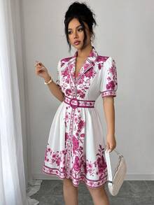 SHEIN Raffinéa 女士浪漫优雅度假套装，蓝白碎花短袖收腰连衣裙，春夏款 - 彩色 - 查看 6