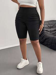 SHEIN PETITE CURVE 大码女式纯色褶皱休闲基础款打底裤，适合夏季穿着，中长款，适合娇小身材，高腰设计，休闲、运动、夏季穿搭、嘉年华服装、节日盛装 - 黑色 - 查看 3