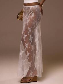 MUSERA Chân váy maxi dài chấm đất cạp thấp bằng ren, gợi cảm, dễ thương, thích hợp cho mùa hè, kỳ nghỉ, đi chơi, tiệc tùng, phong cách Ibiza, thanh lịch, hoàng hôn, thắt nơ. - trắng - Xem 3