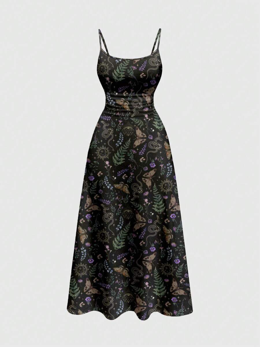 ROMWE Fairycore Gothic Botanical Butterfly & Moth, Sun & Moon Print Sexy Spaghetti Strap Dress, Plus Size For Beach Vacation - Black - View 1