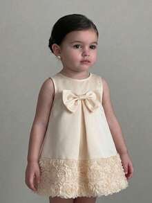 Vestido sin mangas elegante y lindo para bebé niña con lazo de color albaricoque y flores de malla - Blanco - Ver 9
