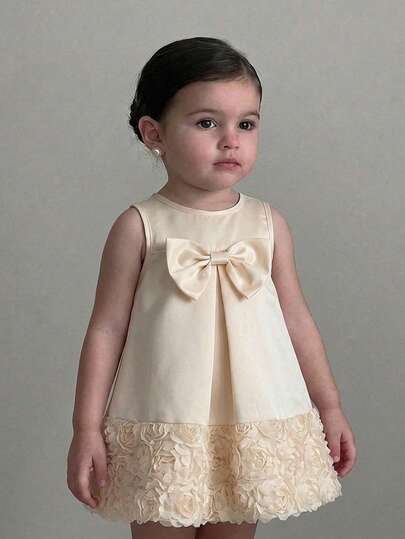 Babygirl Elegant & Cute Apricot Bow Mesh Floral Sleeveless Dress