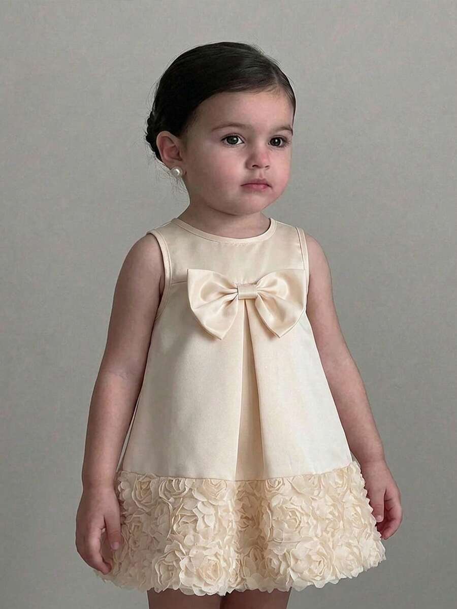 Babygirl Elegant & Cute Apricot Bow Mesh Floral Sleeveless Dress - White - View 1