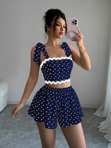 Selianne Summer Cute Vacation Holiday Navy Blue Polka Dot 2 Piece Set For Women,French Elegant Bow Tie Crop Top & Elastic Waist Loose Skort Outfits,Petite Set - Navy Blue - View 3