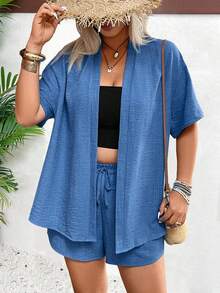 Breezaya Plus Size Women's Elegant Commuter Short Sleeve Kimono Shirt And Shorts 2 Pieces Set - Blue - View 5