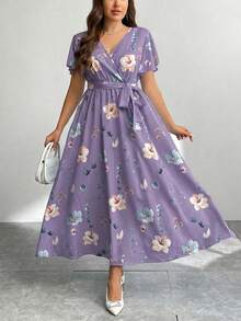 Firerie Plus Size V-Neck Loose Fit Tie-Waist Slit Printed Summer Vacation Dress For Women - Mauve Purple - View 4