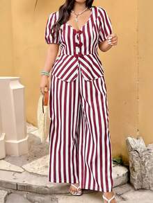 Vionelle Plus Size Striped Button-Up Cardigan And Pants Two Pieces Casual Vacation Set,White Summer Boho Holiday Women's 2 Pieces Outfit Brunch Pants Sets - Burgundy - View 3