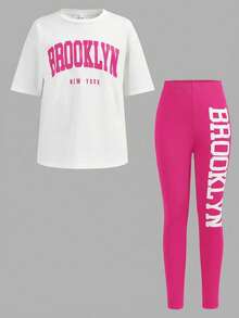 Tween Girls Casual Daily Fashion White T-Shirt Top With Green Letter Print And Green Leggings Set - Hot Pink - View 7
