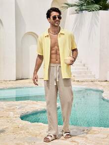 Mercer Haus Men's Yellow Striped Collar Short Sleeve Knit Shirt, Vacation, Button Front, Pocket, Summer, Button Down Shirt, Lightweight, Breathable, Cool, Casual Boyfriend,Husband,Father Gift - Yellow - View 3