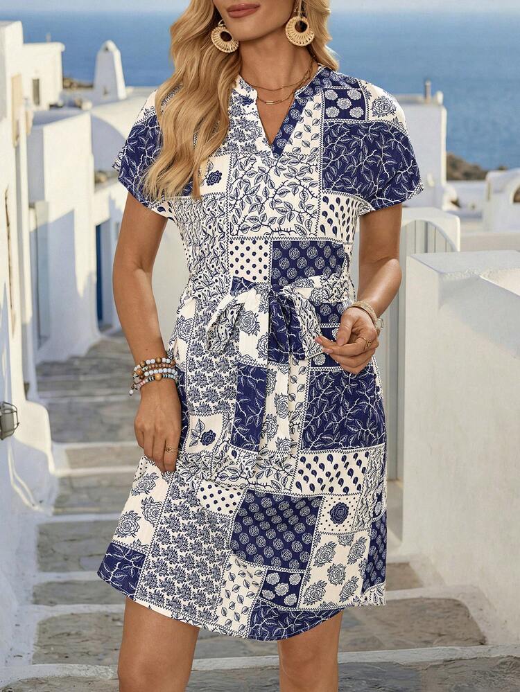 Women's Summer Casual Vacation Notch Neck Short Sleeve Dress Summer Outfit For Women Summer Dress Casual Dresses For Women Casual Women's Dresses Vacation Outfits Women,Summer Dresses For Women Patchwork Dress For Women Casual Dress For Women Short Sleeve Dress For Women Patterned Dress For Women V-Neck Dress For Women