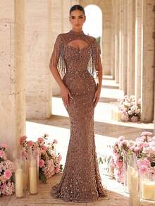 Glamrae Chân váy đuôi cá bằng vải lưới thêu đính sequin và tua rua sang trọng, thanh lịch, thích hợp cho đám cưới, tiệc tùng, ngày lễ, sự kiện trang trọng (trang trí cầu kỳ). - màu nâu - Xem 7