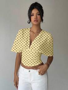 Aloruh Áo thun nữ cổ chữ V sâu, họa tiết chấm bi thanh lịch, thích hợp cho mùa hè. - Nhiều màu - Xem 2