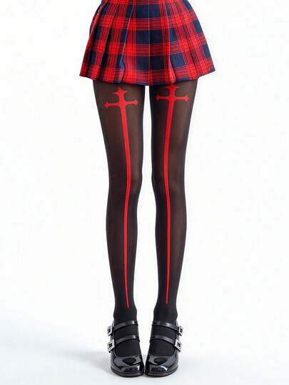 ROMWE Goth 1 đôi tất cosplay kiểu tối màu hình chữ thập, tất hình kiếm, quần tất.