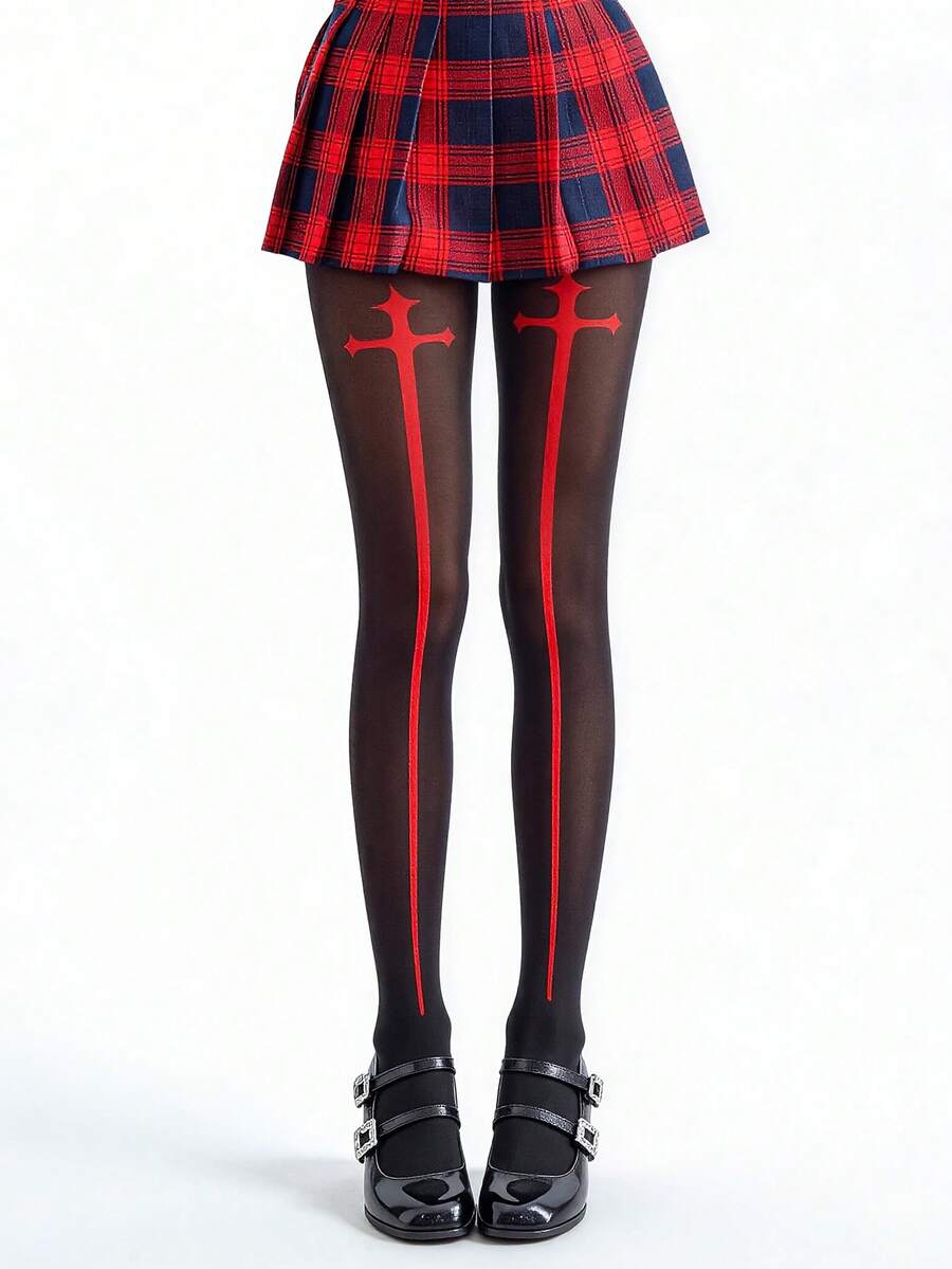 ROMWE Goth 1双暗黑风格角色扮演交叉剑形丝袜连裤袜 - 黑色 - 查看 1