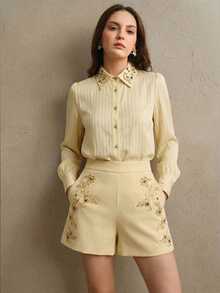 Anewsta Women's Casual Elegant Embroidered Beaded Shorts - Yellow - View 5