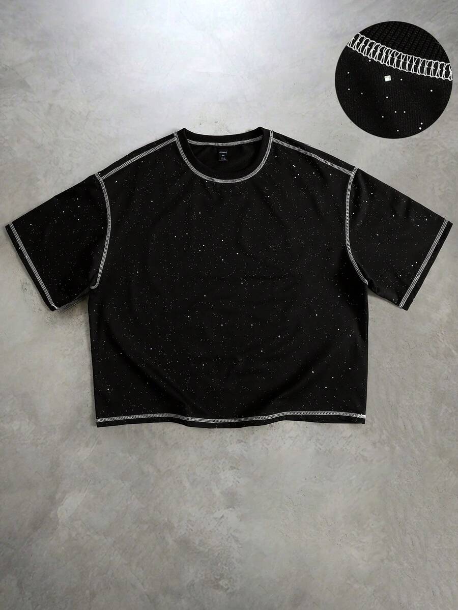 ROMWE MEN 男士宽松撞色亮片装饰T恤 - 黑色 - 查看 1