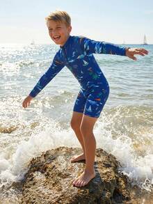 SHEIN Cậu bé Tween Thời gian rảnh rỗi Giường đôi In Áo liền quần chặt Dệt kim Đồ bơi - Nhiều màu - Xem 3