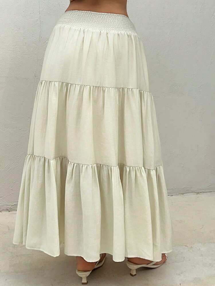Dazy Plus Elastic Waist Chiffon A-Line Skirt, Apricot Color, Versatile Plus Size Women's Spring/Summer Vacation Skirt