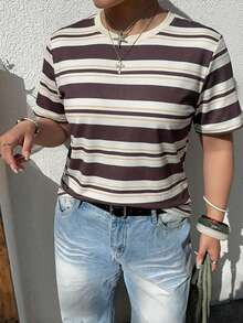 Dazy Plus Camiseta de mujer de talla grande con estilo callejero, de manga corta, cuello redondo, con bloques de color contrastante y rayas, para primavera/verano - Óxido marrón - Ver 2