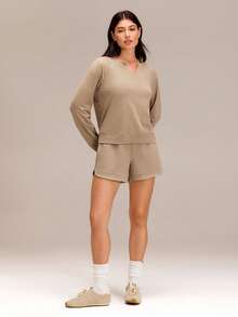 GLOWMODE 4英寸 SoftCalm 莫代尔保暖休闲中腰短裤，可调节抽绳腰带，侧边口袋，弧形下摆，日常休闲穿着 - 卡其色 - 查看 6