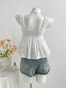Flirla Camiseta sin mangas casual y dulce con volantes bordados en blanco para mujer, versátil para salidas, citas, adecuada para primavera/verano, temporada de vuelta al colegio - Blanco - Ver 2