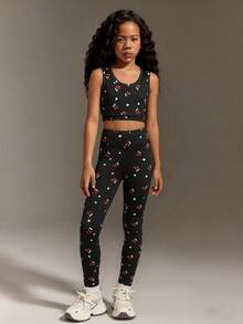 少女运动套装，色彩鲜艳，图案明亮生动，露背上衣+裤子，适合体操训练、日常穿着和休闲外出。 - 黑色 - 查看 4