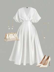 SHEIN MOD Đầm satin màu trơn thanh lịch cỡ lớn, thích hợp cho mùa hè. - trắng - Xem 5