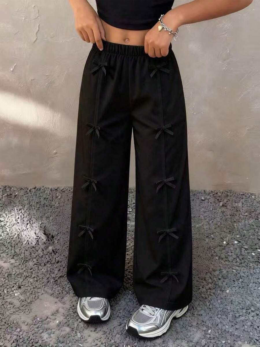SHEIN 白色褶裥长裤,饰有蝴蝶结,休闲时尚,简约百搭,适合休闲放松、娱乐休闲和户外活动。 - 黑色 - 查看 1