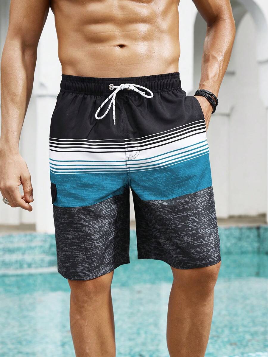 Surfspeed Pantalones cortos de playa con cordón de cintura y rayas de color contrastante para hombres - Multicolor - Ver 1