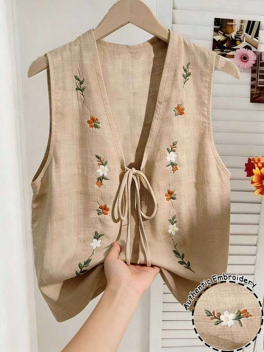 Franclia Women's Vacation Casual Floral Embroidered Sleeveless Blouse - Khaki - View 1