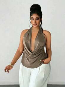 Maweii Plus Size Braided Knit Draped Neck Backless Vest, Sexy/Casual/Holiday - Khaki - View 4