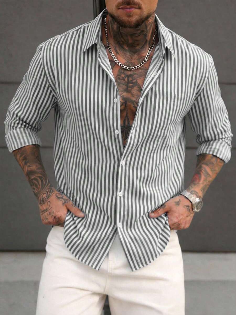 Manfinity Homme Men's Simple Blue And White Striped Woven Shirt - Grey - View 1