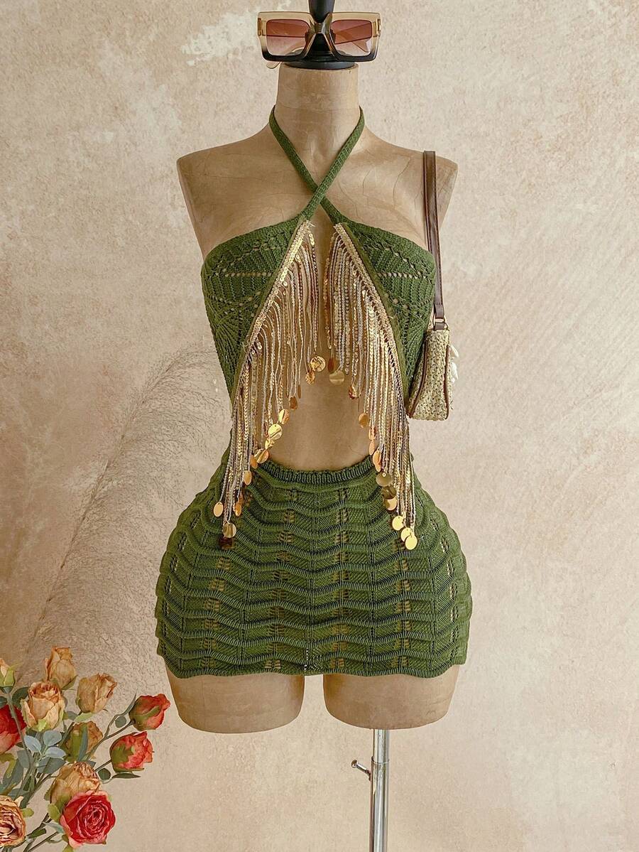 Soleia Đầm dệt kim ngắn hở lưng cổ yếm đính sequin tua rua trang trí dành cho nữ, thích hợp cho kỳ nghỉ biển. - xanh quân đội - Xem 1