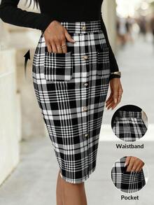 Editum Women's Elegant Commuter Versatile Pleated Black Slim Fit Skirt - Black and White - View 1