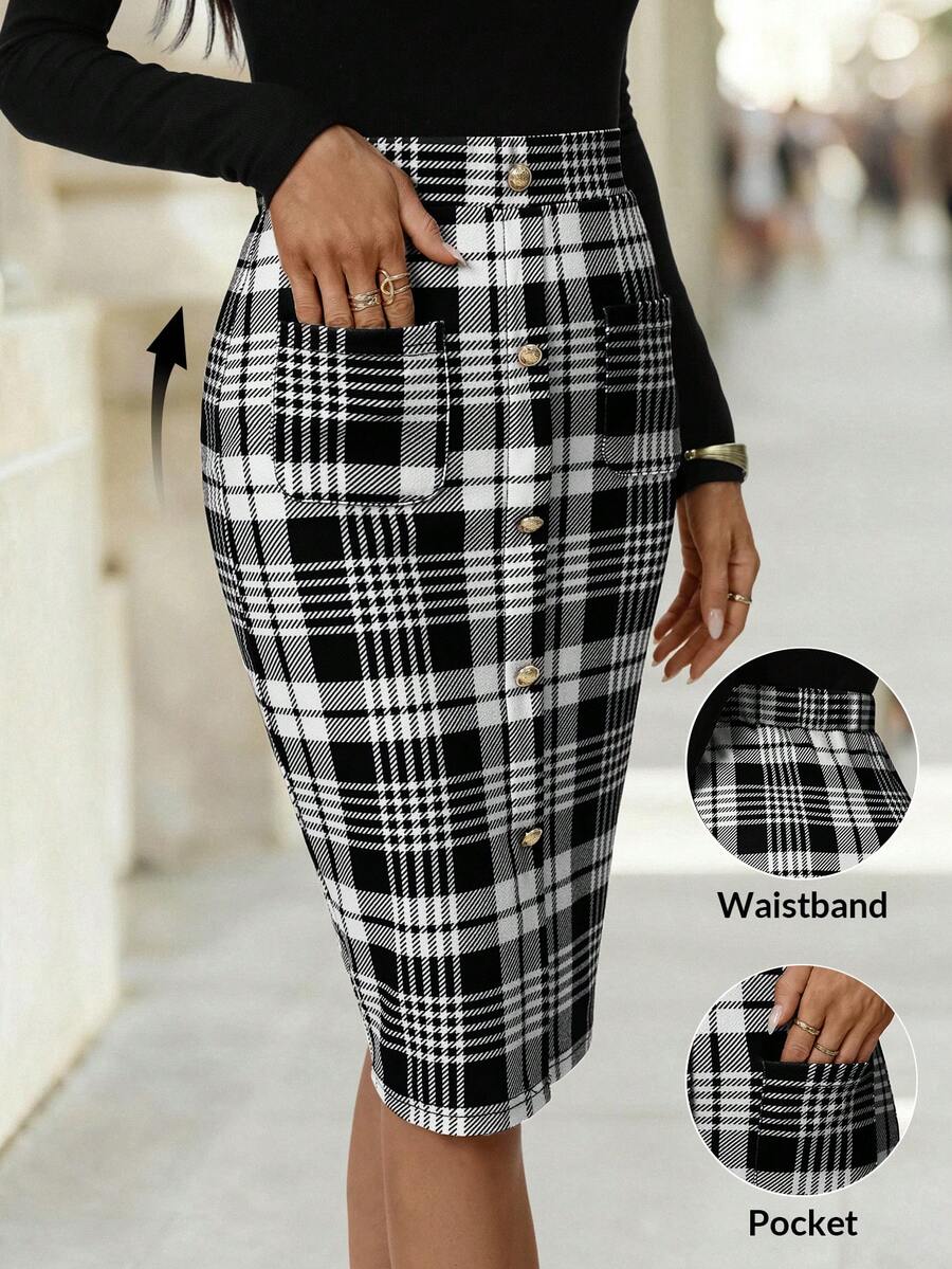 Editum Women's Elegant Commuter Versatile Pleated Black Slim Fit Skirt - Black and White - View 1