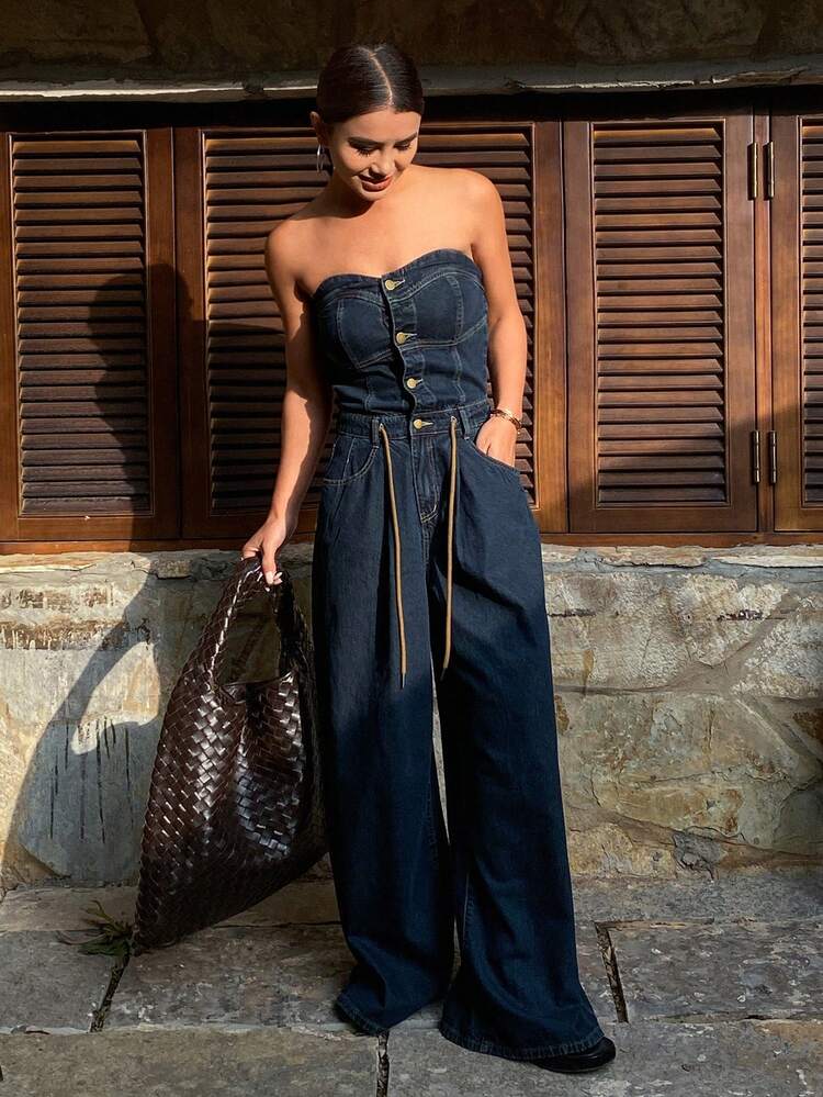 Women's Washed Denim Bustier Jumpsuit And Romper For Vacation