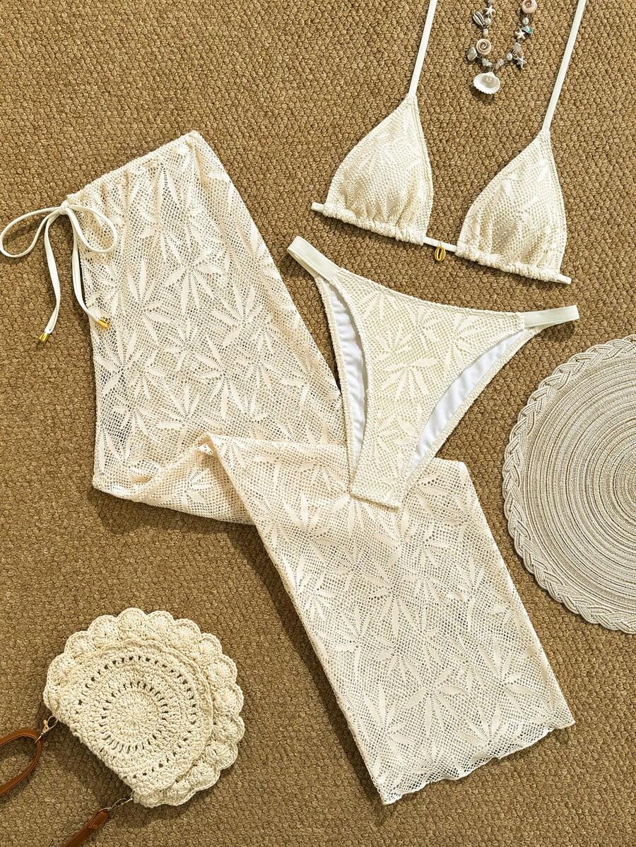 SHEIN Swim Vcay 2026新款春夏女士三件套泳衣，泳装，泳裤，裙子，特殊面料，沙滩度假优雅休闲泳装套装 - 米色 - 查看 1
