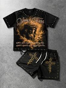 ROMWE MEN Grunge Punk 2026 New Ripped Street Style Short Sleeve T-Shirt And Shorts 2 Pieces Set For Men - Black - View 1