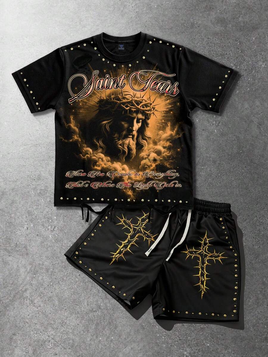 ROMWE MEN Grunge Punk 2026 New Ripped Street Style Short Sleeve T-Shirt And Shorts 2 Pieces Set For Men - Black - View 1