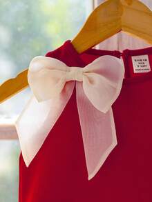 Baby Girls Winter,Wednesday,Black Dress,Baby Girl Round Neck Sleeveless Bowknot Decor Pearl Studded Contrast Color Pleated Ruffle Hem Dress Red Girls Dress With Pearls Red Dress For Girl Girls Pearl Dress Red Bow Dress For Girl - Red - View 5