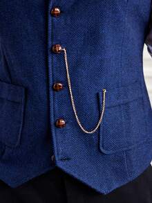 Officeau Nuovo gilet da uomo in tweed spina di pesce, con bavero vintage, catena a cavallo e scollo a V, adatto per l'autunno e l'inverno - Blu Navy - Visualizzare 4